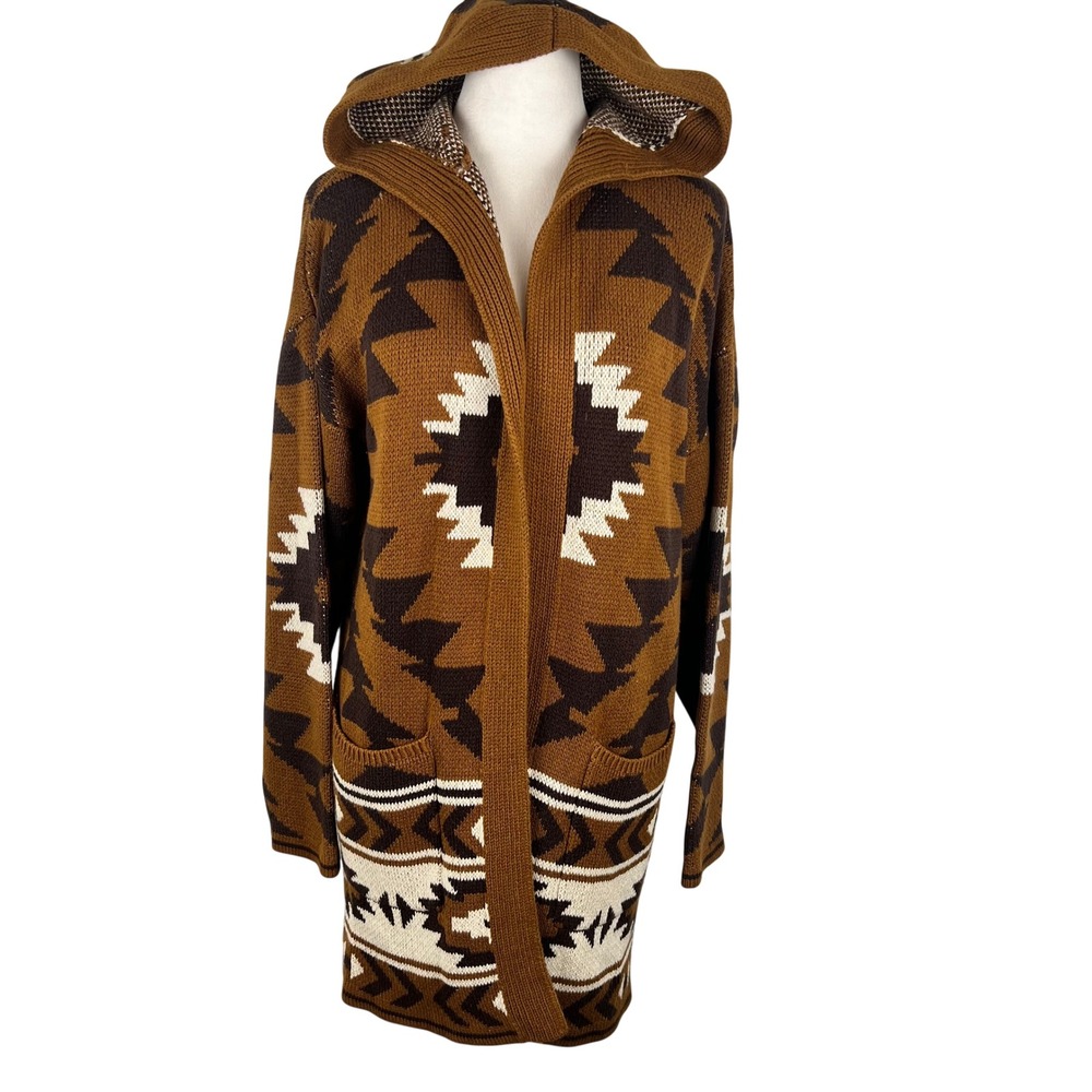 Lucky Brand Southwestern Aztec Long Cardigan Medium Sweater Brown Longline Boho